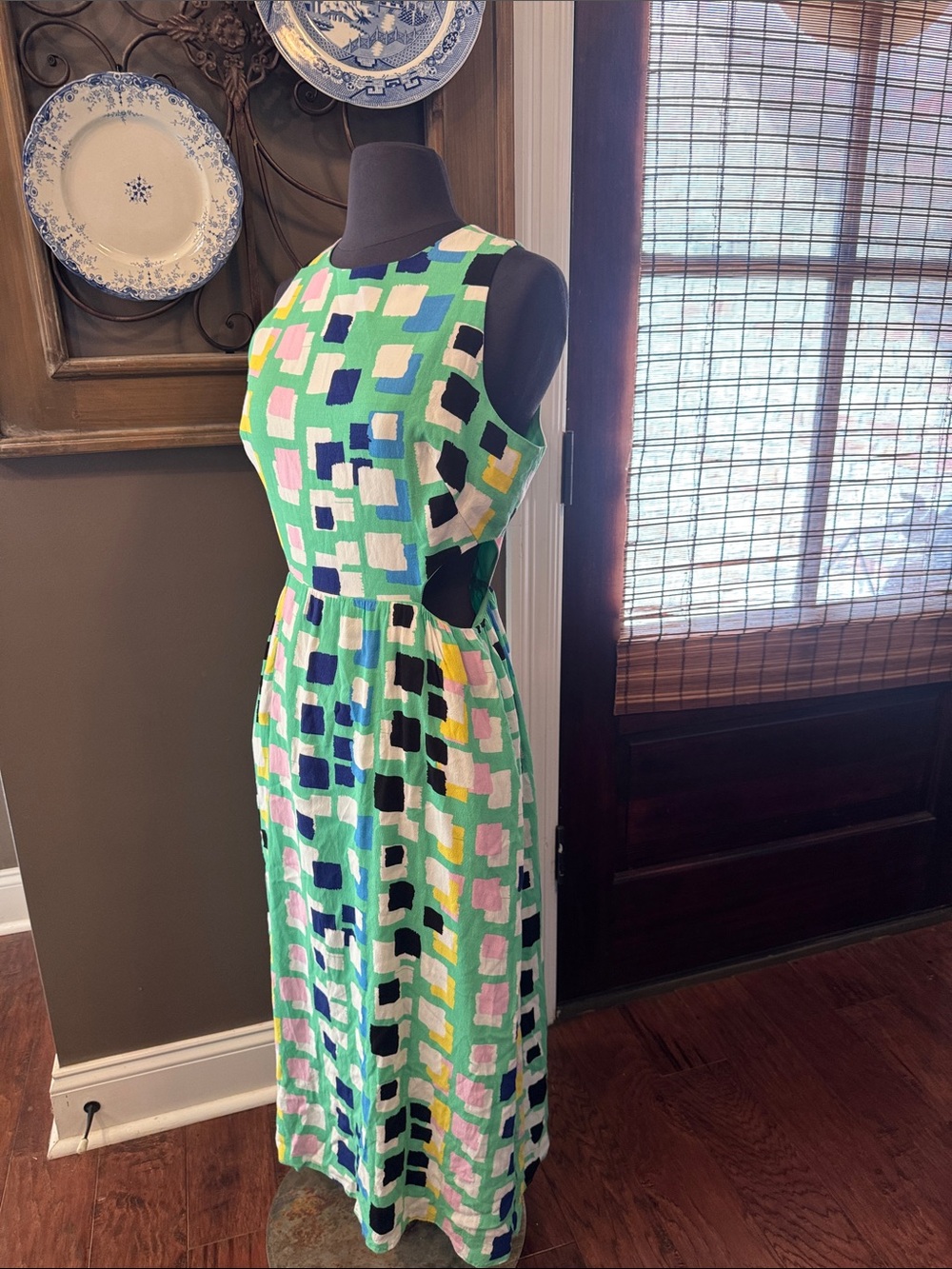 Sleeveless Printed Midi Dress in Green with Geometric Blocks